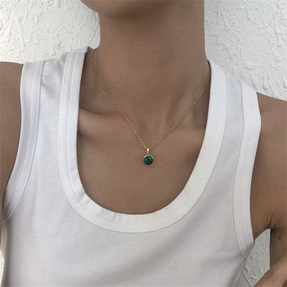 Green Cubic Zirconia and 18K Gold-Plated Circle Pendant Necklace, gold pendant necklace for women, everyday style, front view