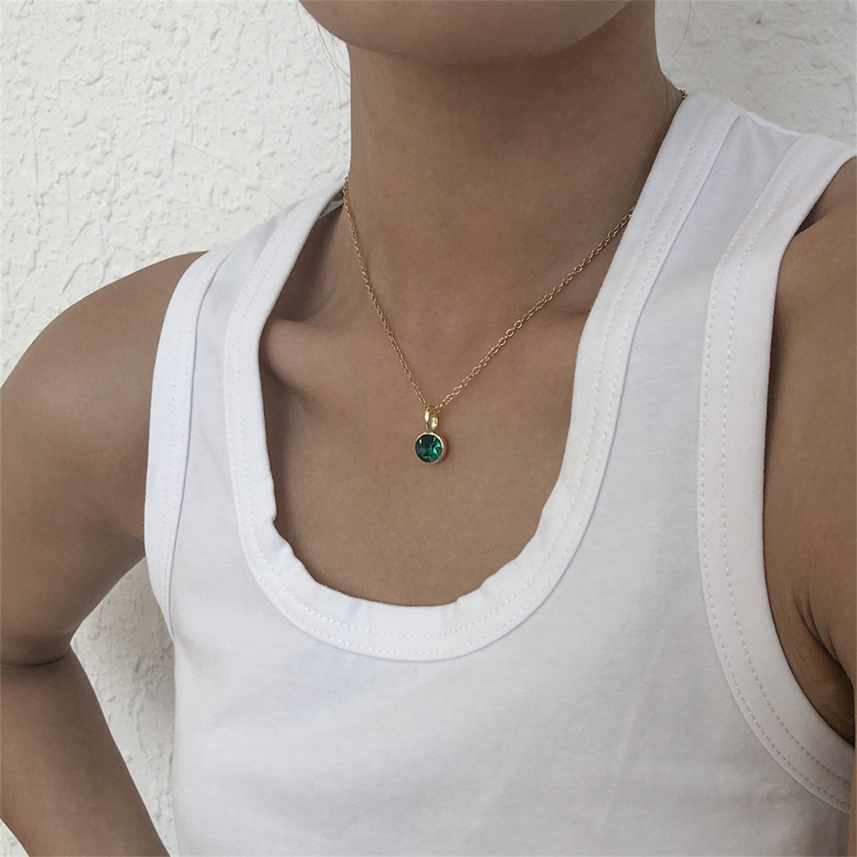 Green Cubic Zirconia and 18K Gold-Plated Circle Pendant Necklace, gold pendant necklace for women, everyday style, side view