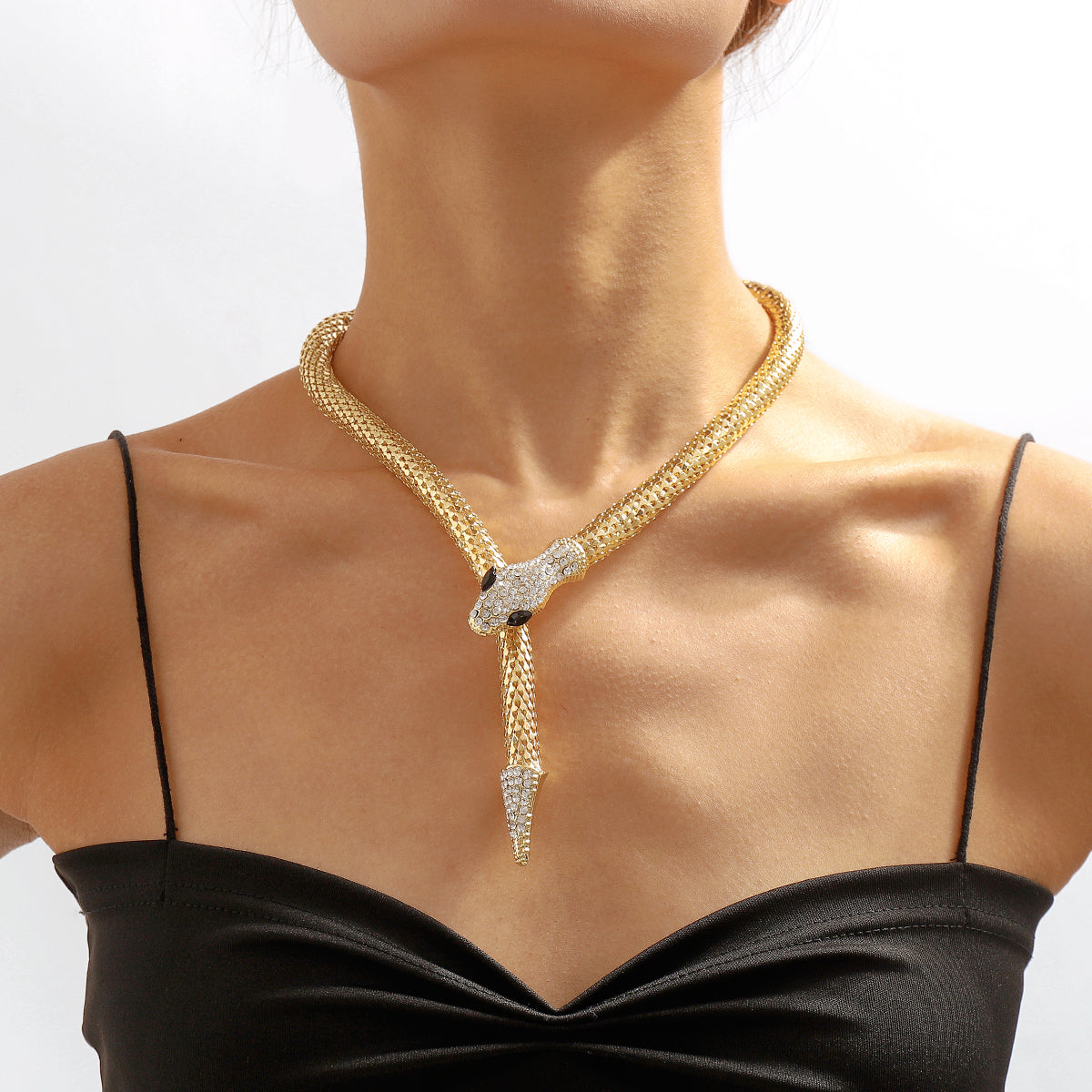 Cubic Zirconia and 18K Gold-Plated Snake Lariat Necklace, gold pendant necklace for women, everyday style, front view
