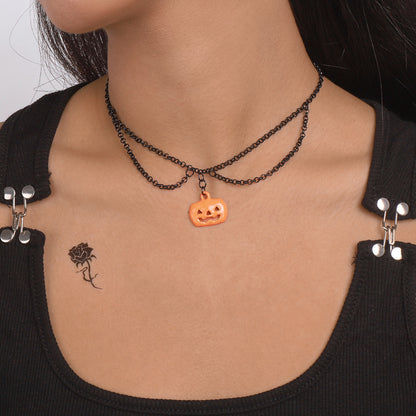 Orange and Black Pumpkin Layered Pendant Necklace, pendant necklace for women, dainty minimalist design, front view
