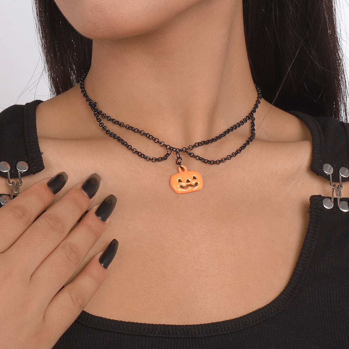 Orange and Black Pumpkin Layered Pendant Necklace, pendant necklace for women, dainty minimalist design, lifestyle look