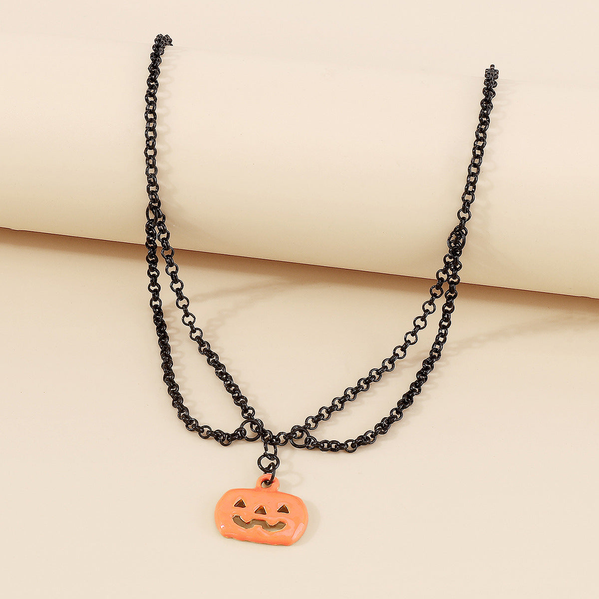 Orange and Black Pumpkin Layered Pendant Necklace, pendant necklace for women, dainty minimalist design, detail close-up