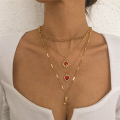 Red Crystal & Cubic Zirconia Heart Pendant Layered Chain Necklace