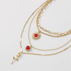 Red Crystal & Cubic Zirconia Heart Pendant Layered Chain Necklace