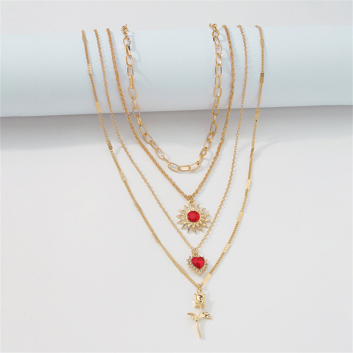 Red Crystal & Cubic Zirconia Heart Pendant Layered Chain Necklace