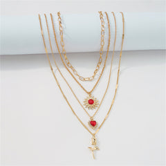 Red Crystal & Cubic Zirconia Heart Pendant Layered Chain Necklace