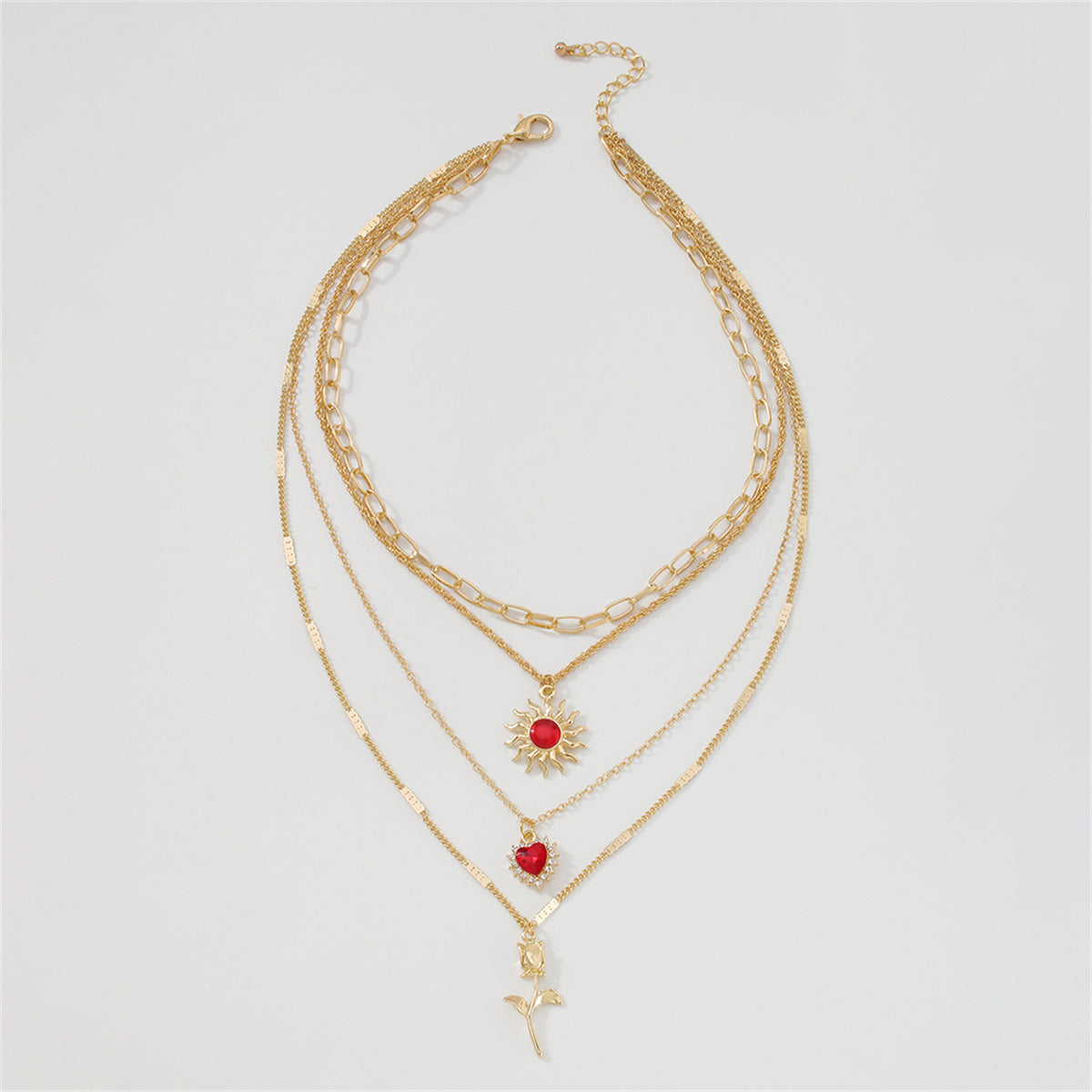 Red Crystal & Cubic Zirconia Heart Pendant Layered Chain Necklace