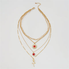 Red Crystal & Cubic Zirconia Heart Pendant Layered Chain Necklace