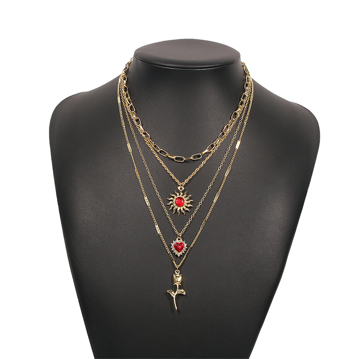 Red Crystal & Cubic Zirconia Heart Pendant Layered Chain Necklace