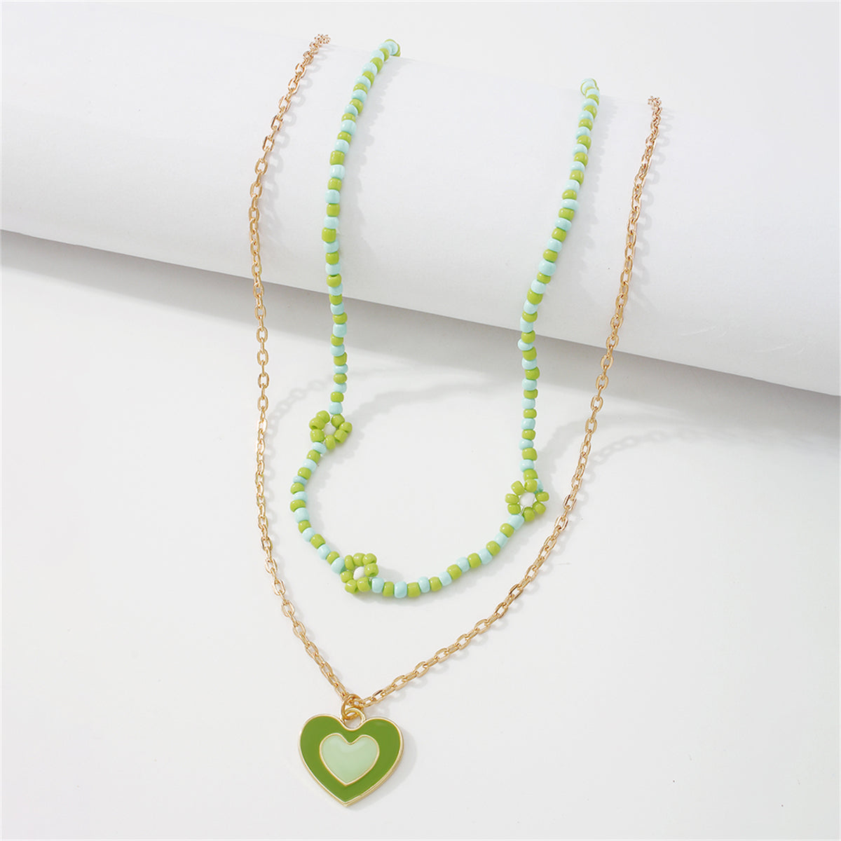 Green Howlite & Enamel 18K Gold-Plated Mum Chain Heart Pendant Necklace Set