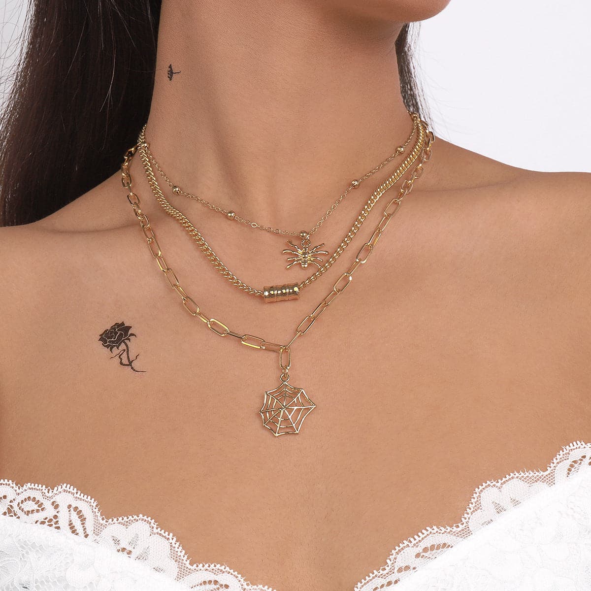 18K Gold-Plated Spider Cobweb Layered Pendant Necklace, gold pendant necklace for women, everyday style, front view