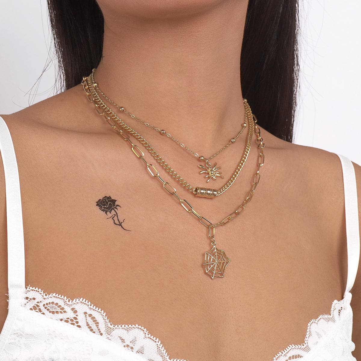 18K Gold-Plated Spider Cobweb Layered Pendant Necklace, gold pendant necklace for women, everyday style, side view