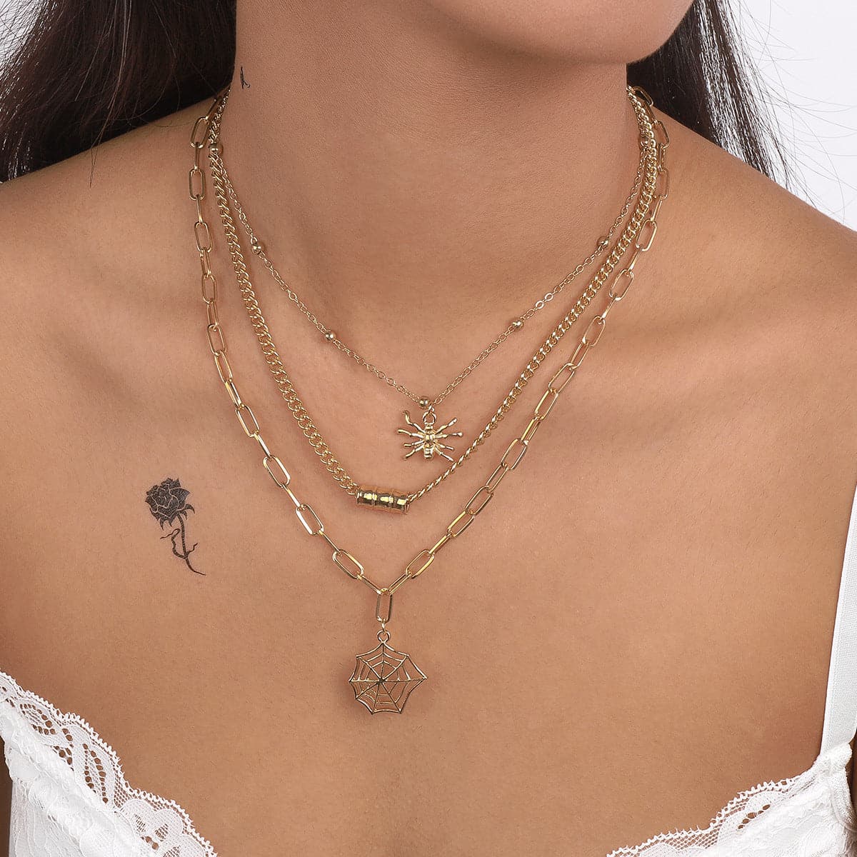18K Gold-Plated Spider Cobweb Layered Pendant Necklace, gold pendant necklace for women, everyday style, detail close-up