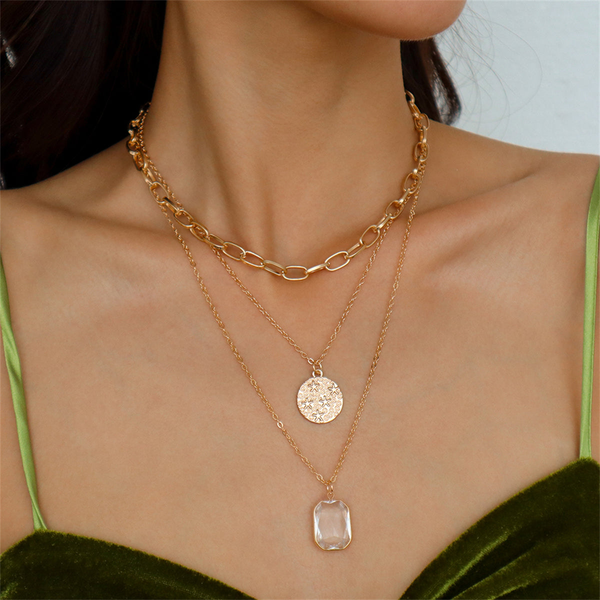 Crystal & 18K Gold-Plated Cushion-Cut Pendant Layered Necklace