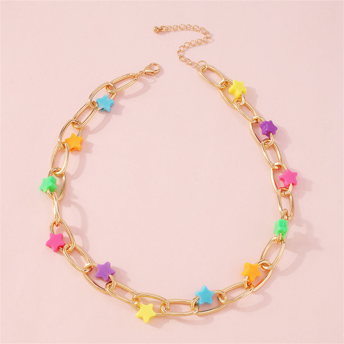 Resin and 18K Gold-Plated Multicolor Star Paper Clip Chain Necklace, gold pendant necklace for women, front view