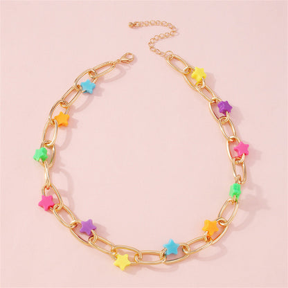Resin and 18K Gold-Plated Multicolor Star Paper Clip Chain Necklace, gold pendant necklace for women, front view