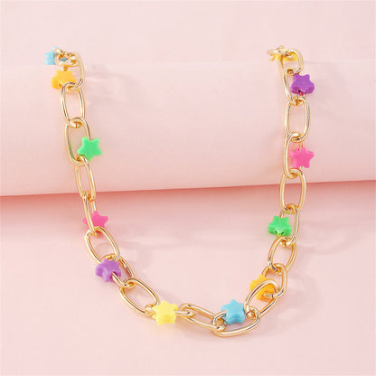 Resin and 18K Gold-Plated Multicolor Star Paper Clip Chain Necklace, gold pendant necklace for women, side view