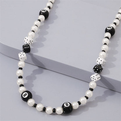 Pearl and Howlite Dice Beaded Necklace, pendant necklace for women, dainty minimalist design, lifestyle look