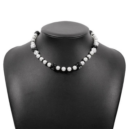 Pearl and Howlite Dice Beaded Necklace, pendant necklace for women, dainty minimalist design, detail close-up