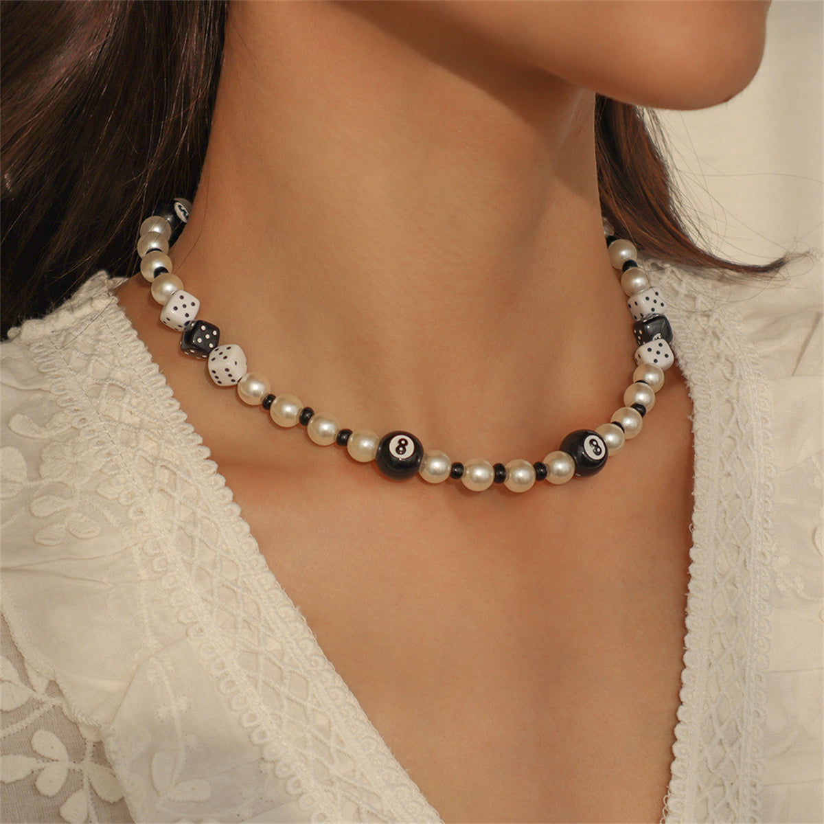 Pearl and Howlite Dice Beaded Necklace, pendant necklace for women, dainty minimalist design, front view