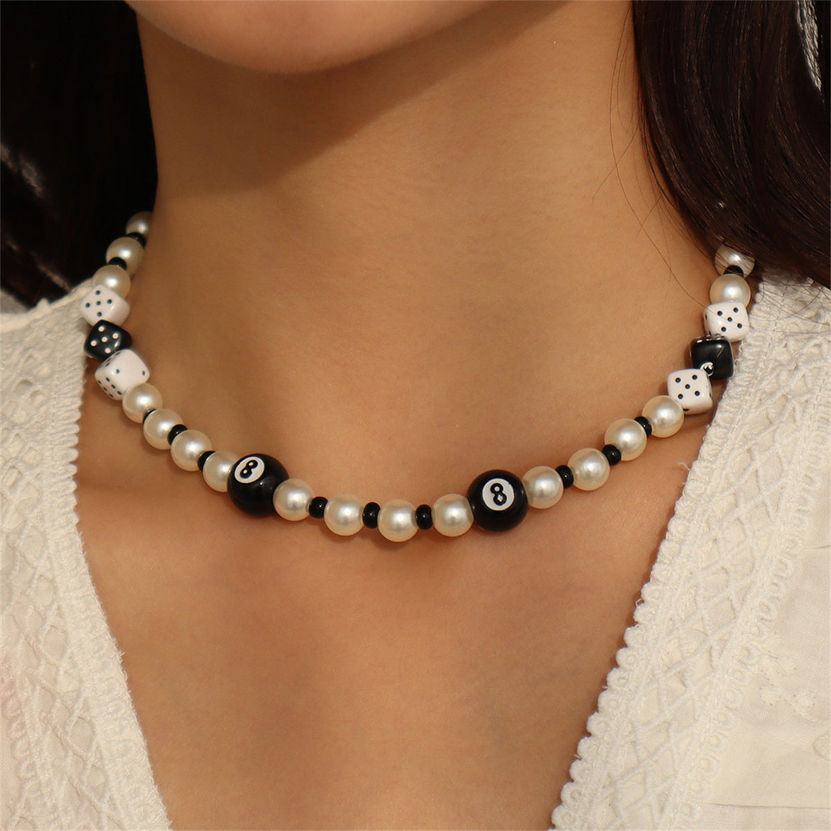Pearl and Howlite Dice Beaded Necklace, pendant necklace for women, dainty minimalist design, side view