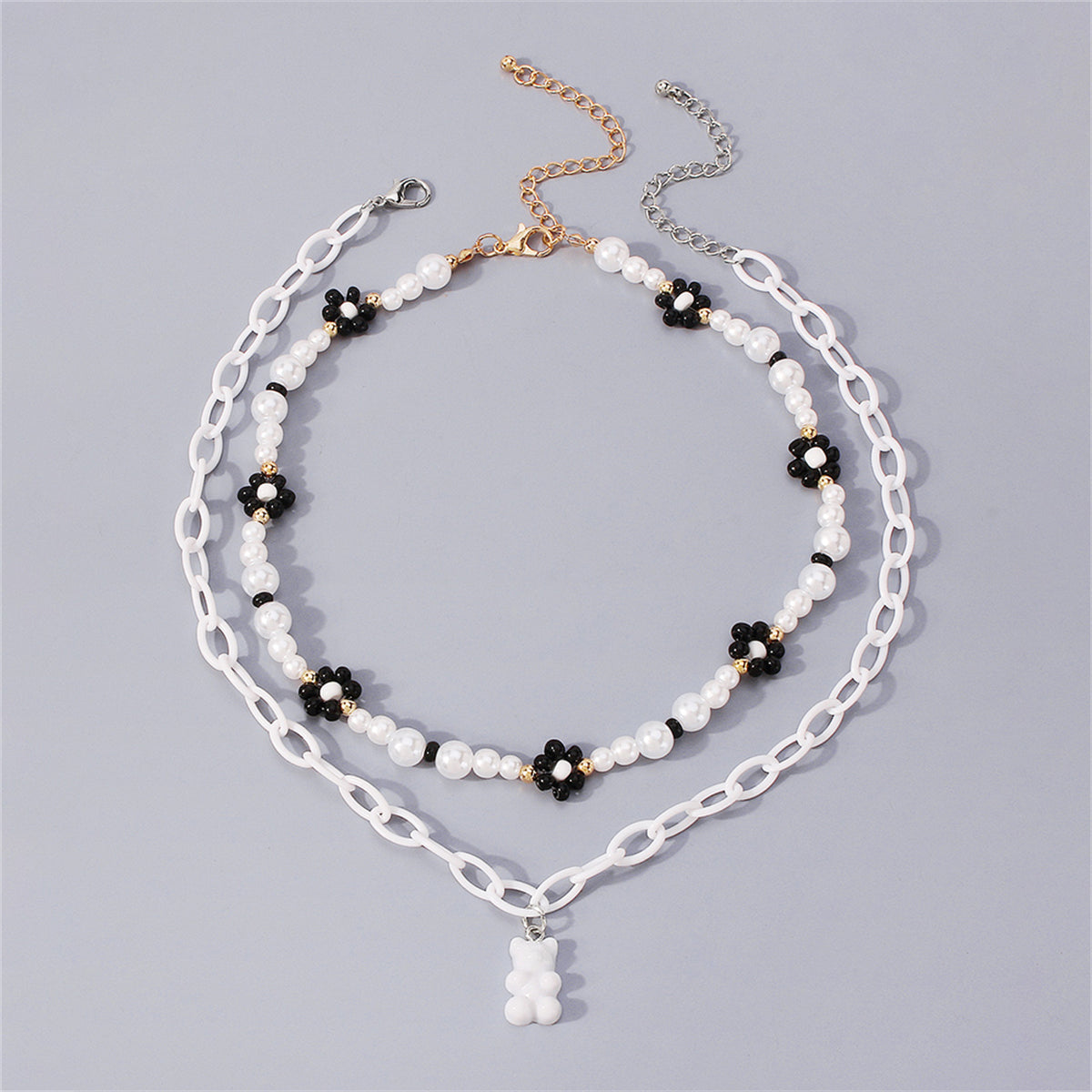 Pearl & Howlite Resin Two-Tone Mum Bear Pendant Necklace Set
