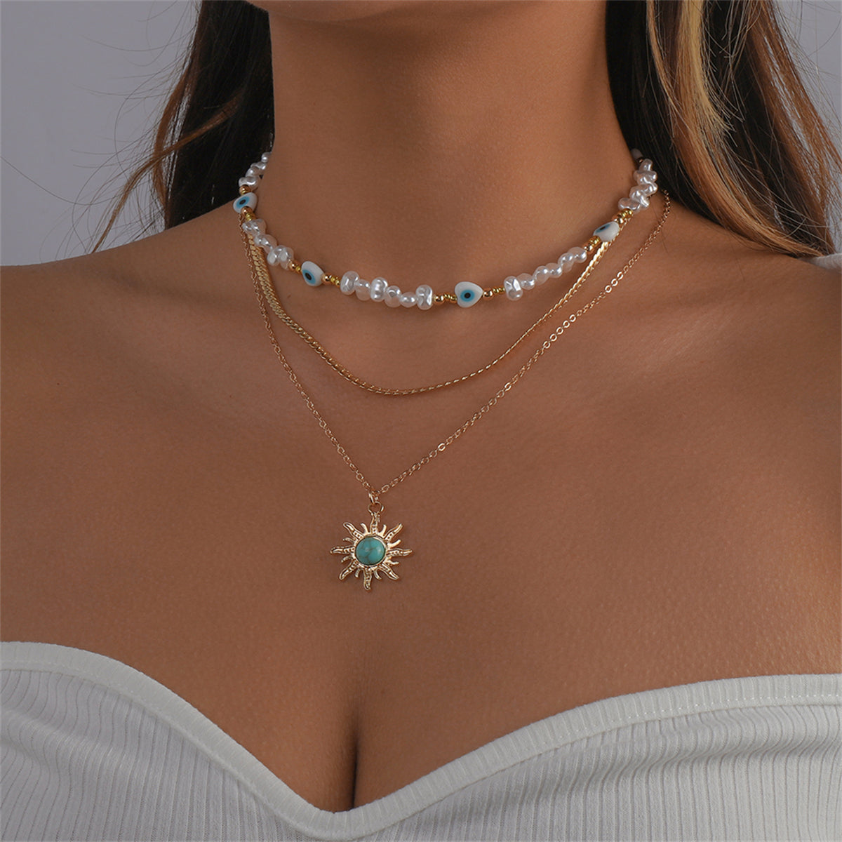 Turquoise and Pearl 18K Gold-Plated Sun Pendant Necklace Set, gold pendant necklace for women, front view