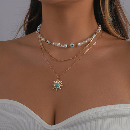Turquoise and Pearl 18K Gold-Plated Sun Pendant Necklace Set, gold pendant necklace for women, front view
