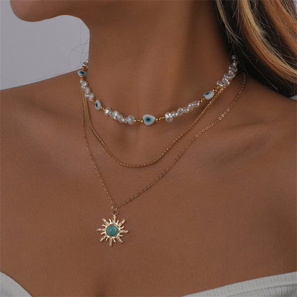 Turquoise and Pearl 18K Gold-Plated Sun Pendant Necklace Set, gold pendant necklace for women, side view