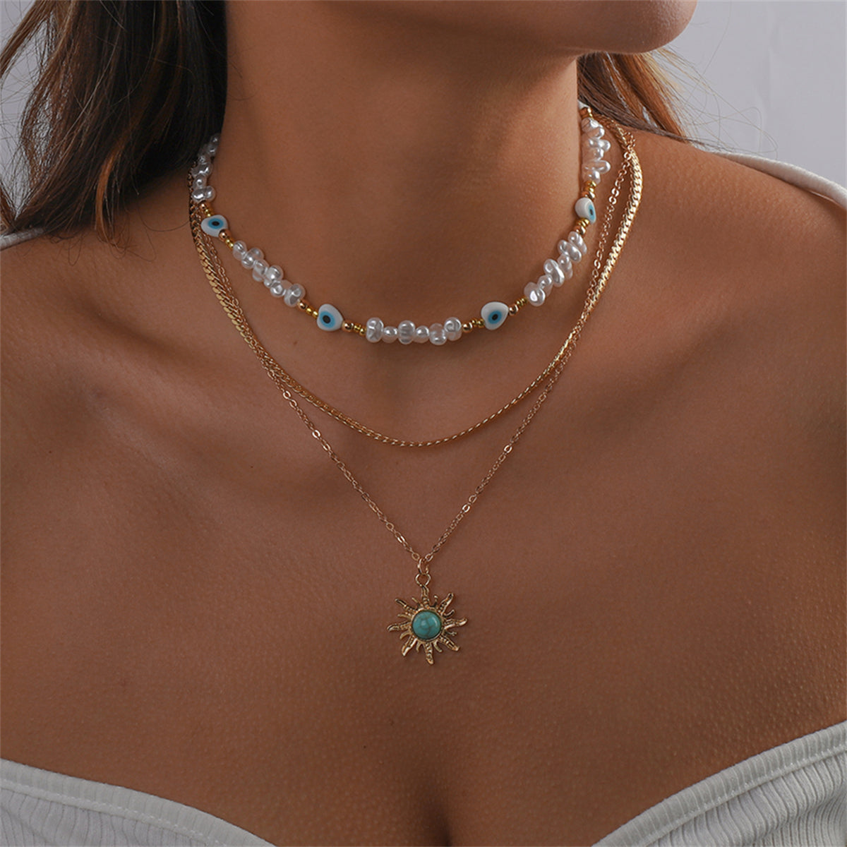 Turquoise and Pearl 18K Gold-Plated Sun Pendant Necklace Set, gold pendant necklace for women, detail close-up