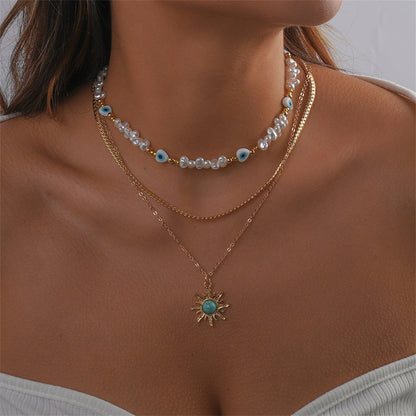 Turquoise and Pearl 18K Gold-Plated Sun Pendant Necklace Set, gold pendant necklace for women, detail close-up
