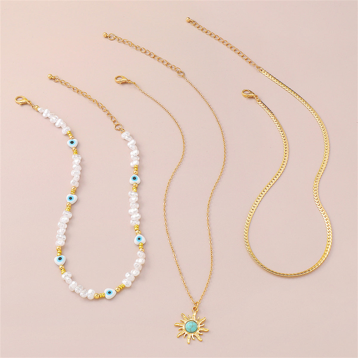 Turquoise & Pearl 18K Gold-Plated Sun Pendant Necklace Set