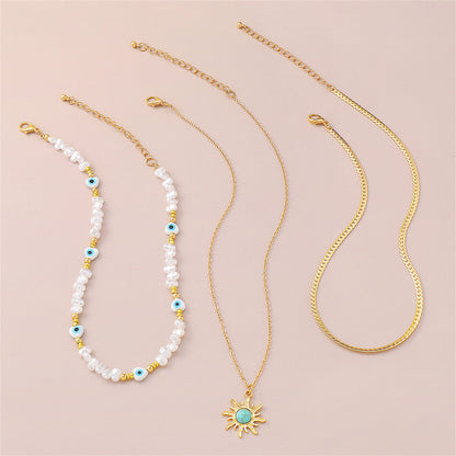 Turquoise and Pearl 18K Gold-Plated Sun Pendant Necklace Set, gold pendant necklace for women, lifestyle look
