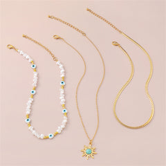 Turquoise & Pearl 18K Gold-Plated Sun Pendant Necklace Set