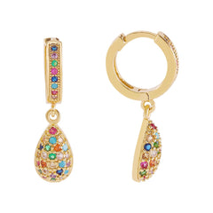 Vibrant Cubic Zirconia & 18K Gold-Plated Pavé Teardrop Charm Huggie Earrings