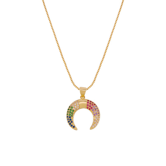 Multicolor Cubic Zirconia and 18K Gold-Plated Crescent Moon Pendant Necklace, gold pendant necklace for women, front view