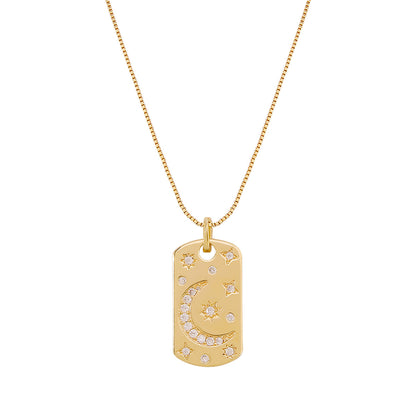 Cubic Zirconia and 18K Gold-Plated Moon Card Pendant Necklace, gold pendant necklace for women, front view