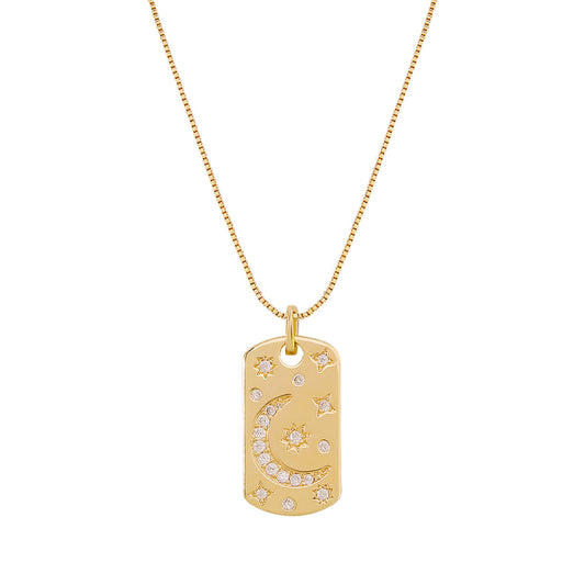 Cubic Zirconia and 18K Gold-Plated Moon Card Pendant Necklace, gold pendant necklace for women, front view