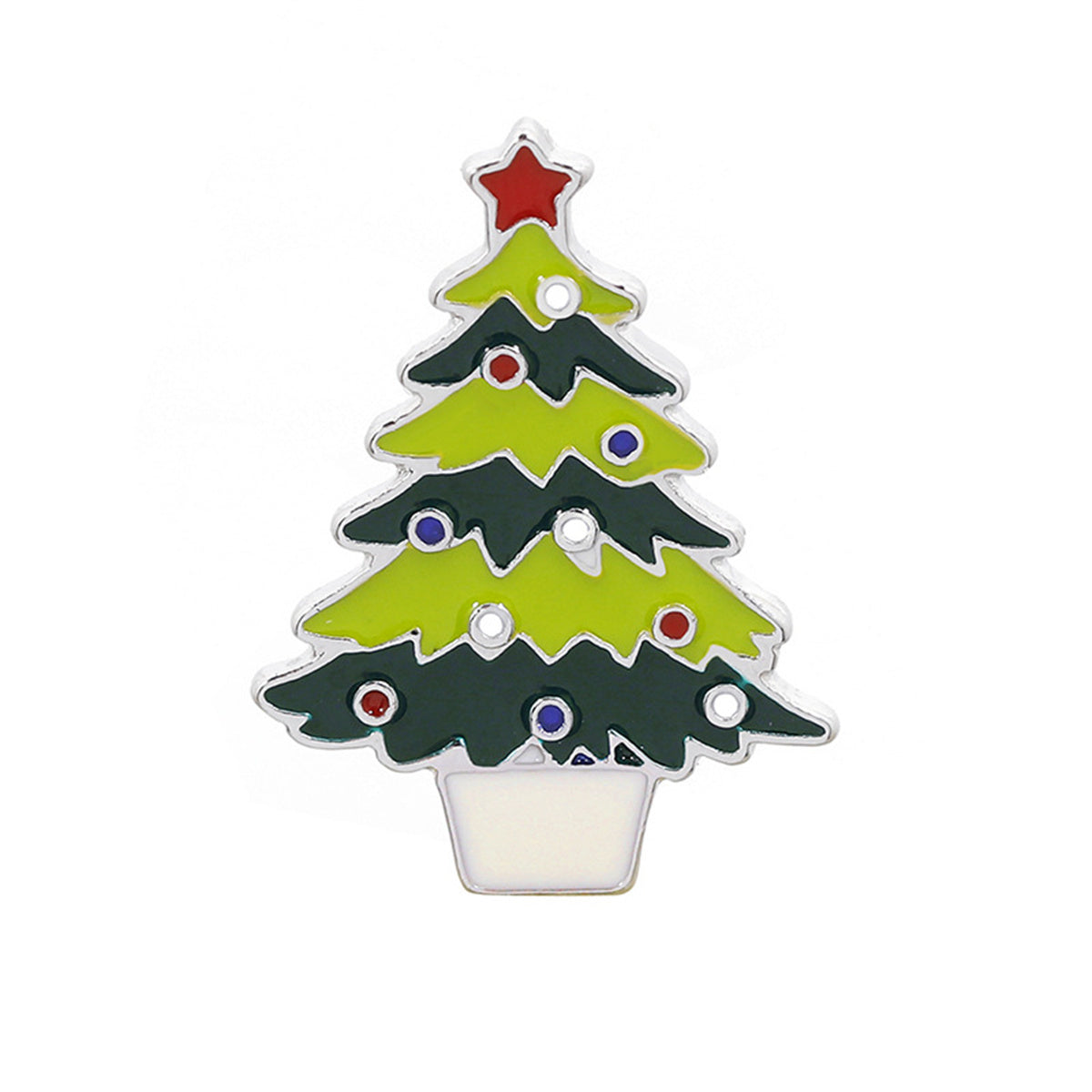 Green and Silver-Plated Christmas Tree Brooch, silver brooch pin, vintage-inspired design, front view