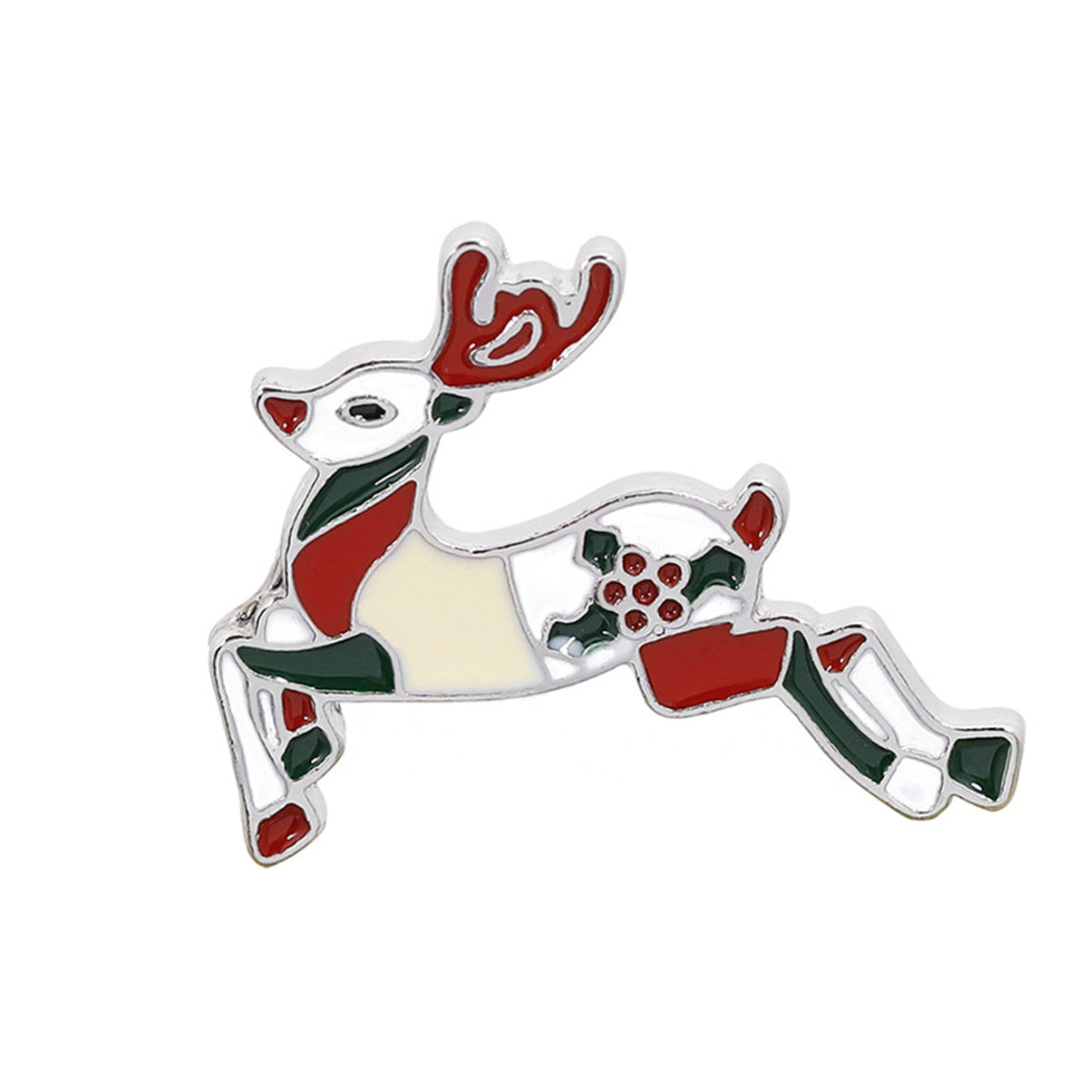Red Enamel and Silver-Plated Reindeer Brooch, silver brooch pin, dainty minimalist design, front view