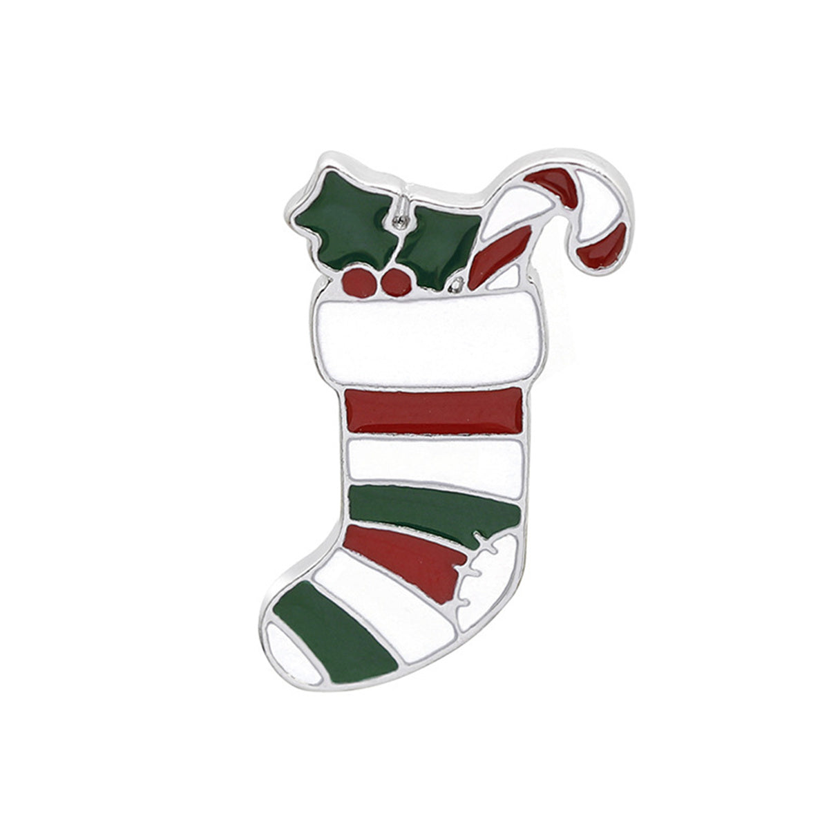 Red and Green Stripe Stocking Brooch, brooch pin, dainty minimalist design, front view