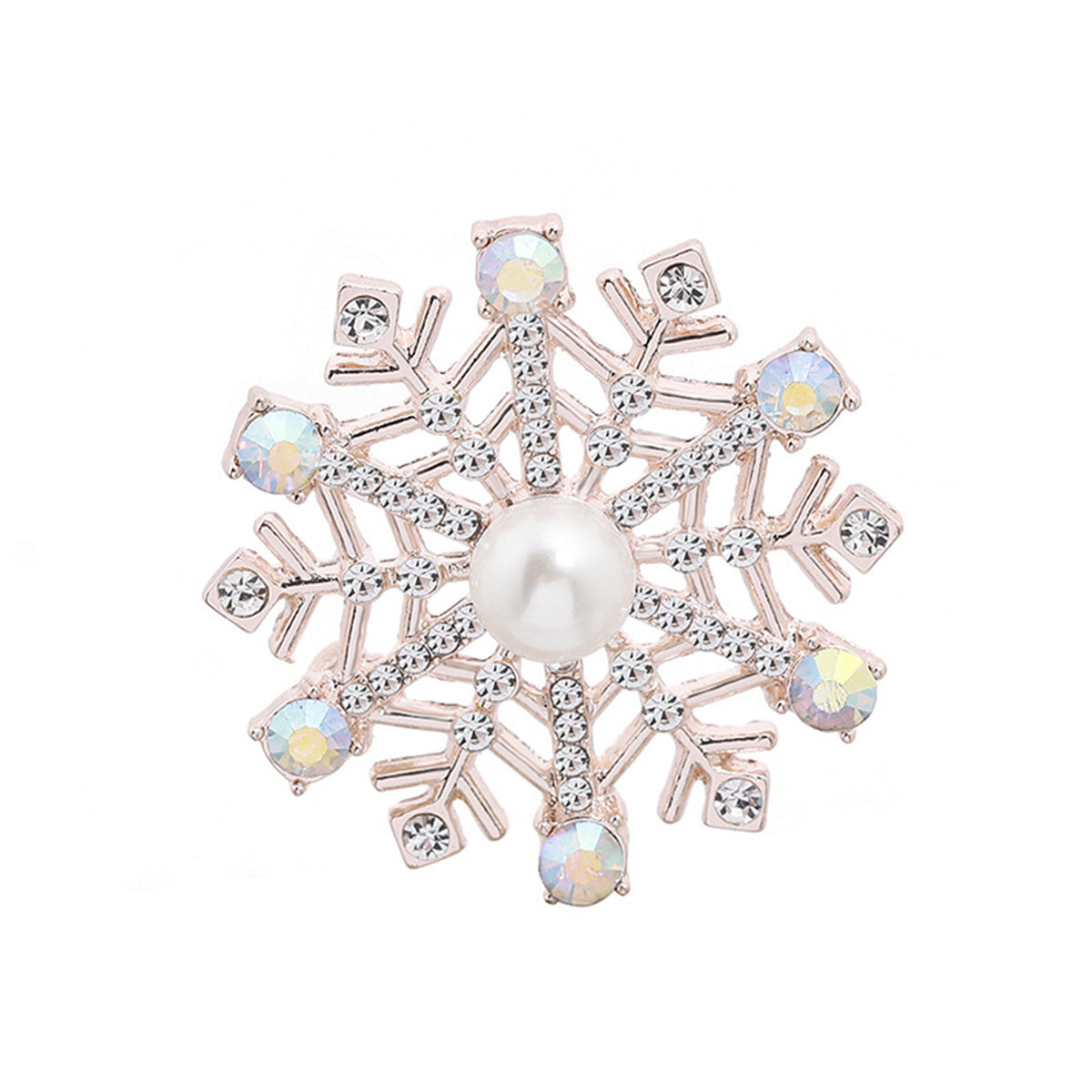 Pearl and Cubic Zirconia Silver-Plated Snowflake Brooch, silver brooch pin, botanical inspired, front view