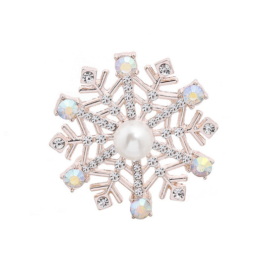 Pearl and Cubic Zirconia Silver-Plated Snowflake Brooch, silver brooch pin, botanical inspired, front view