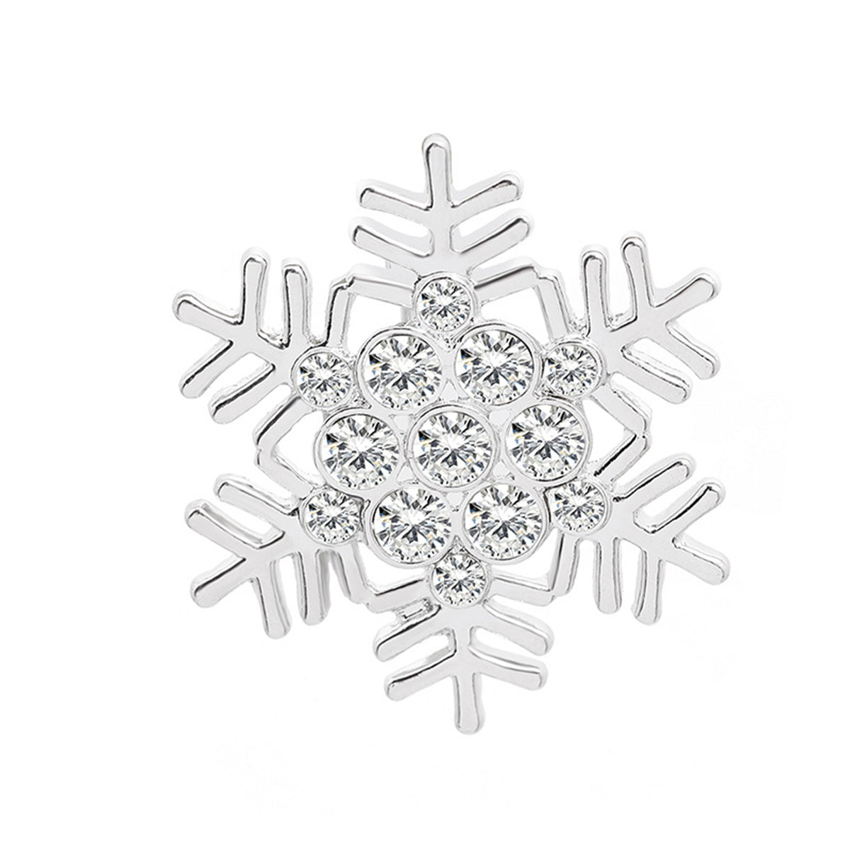 Cubic Zirconia and Silver-Plated Openwork Snowflake Brooch, silver brooch pin, botanical inspired, front view
