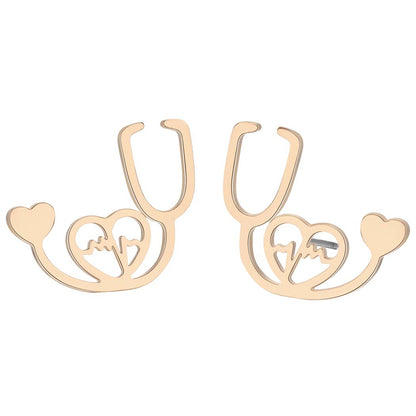 18K Gold-Plated Stethoscope Stud Earrings, gold stud earrings for women, botanical inspired, front view