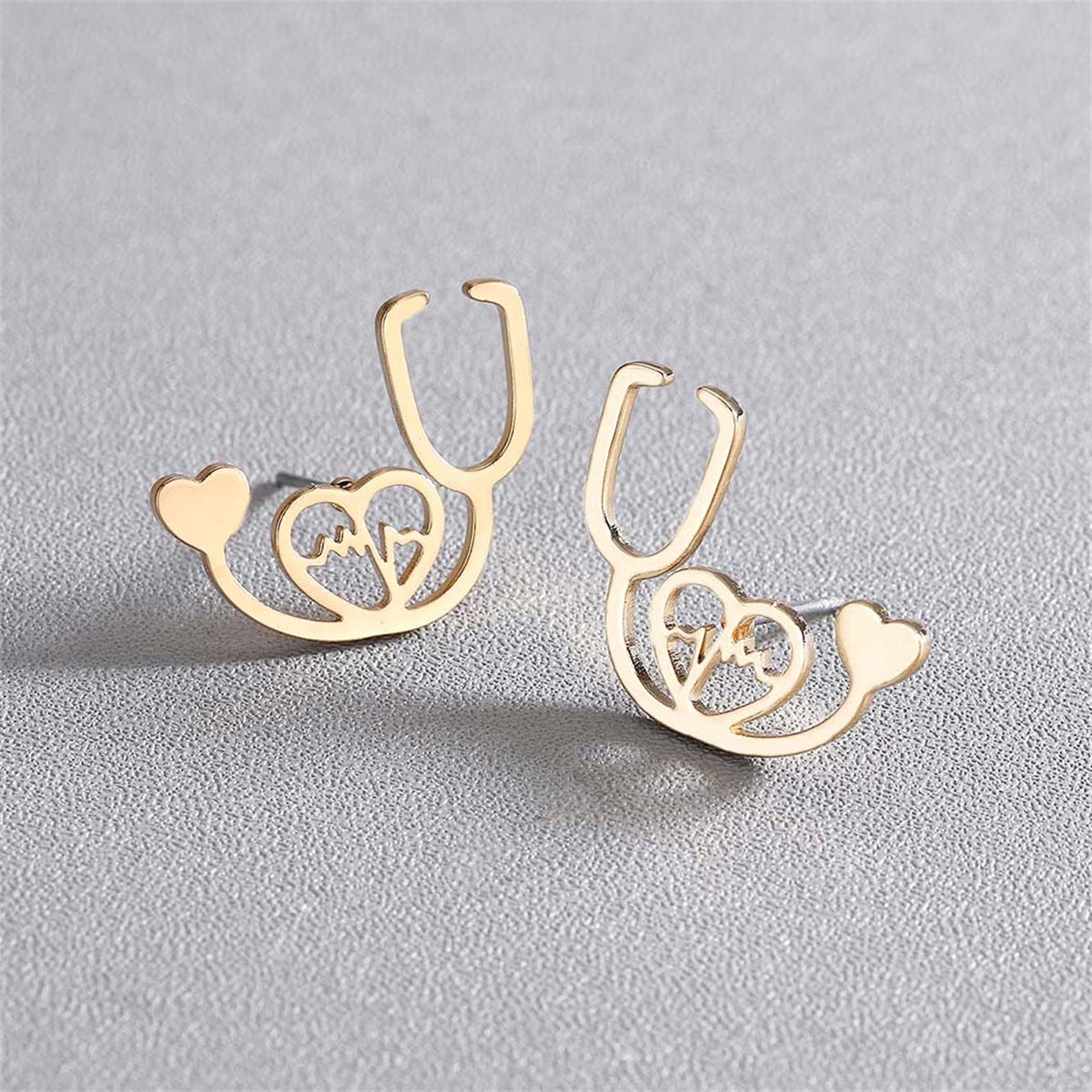 18K Gold-Plated Stethoscope Stud Earrings, gold stud earrings for women, botanical inspired, side view