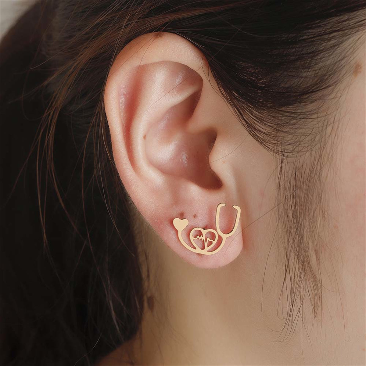 18K Gold-Plated Stethoscope Stud Earrings, gold stud earrings for women, botanical inspired, detail close-up
