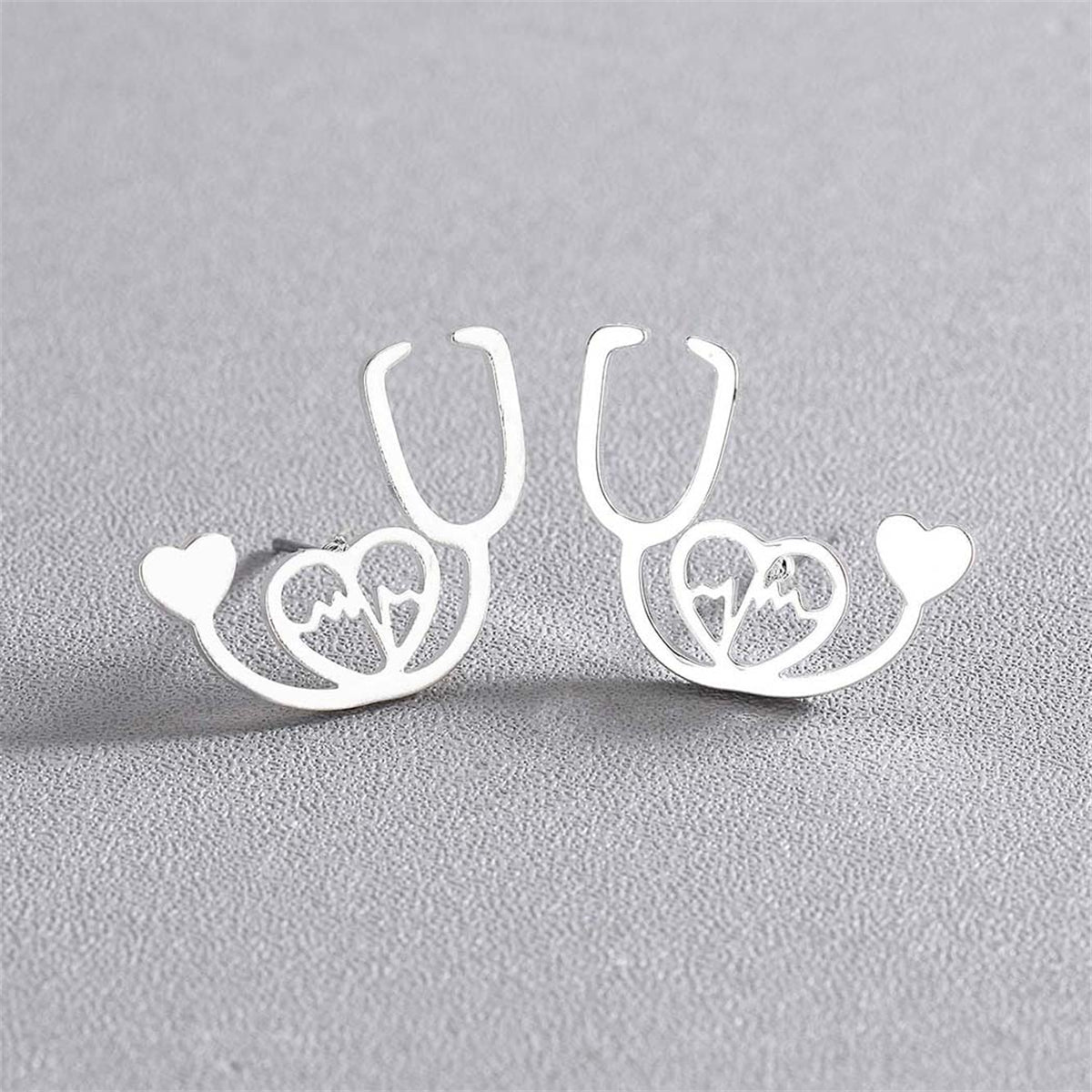 Silver-Plated Stethoscope Stud Earrings, silver stud earrings for women, everyday style, front view