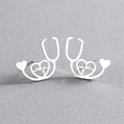 Silver-Plated Stethoscope Stud Earrings, silver stud earrings for women, everyday style, front view