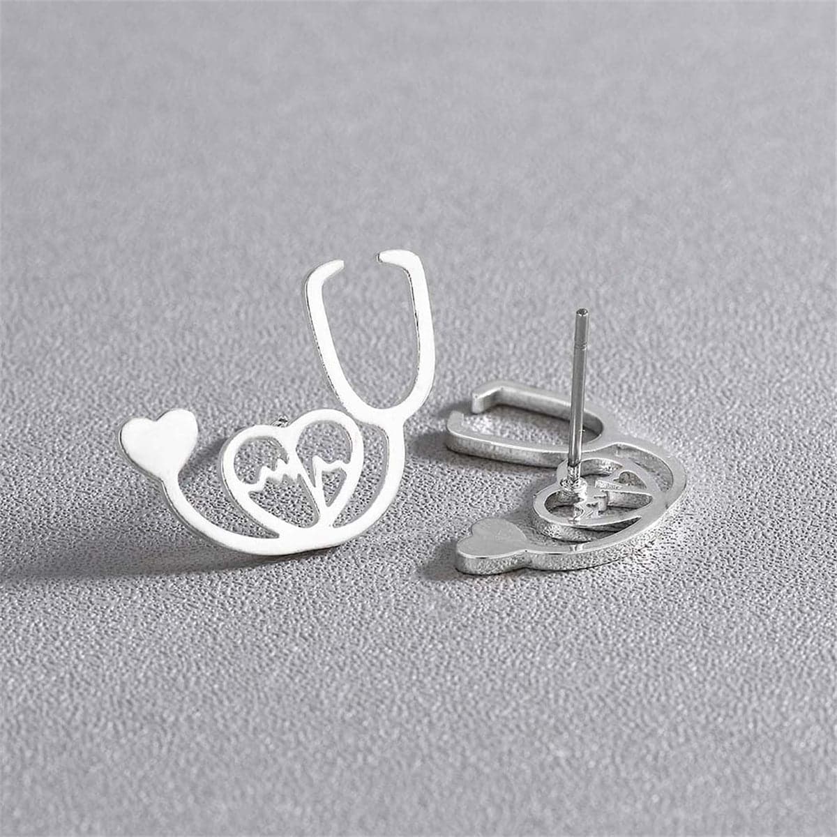 Silver-Plated Stethoscope Stud Earrings, silver stud earrings for women, everyday style, detail close-up